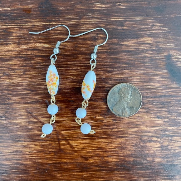 Painted Drop Earrings | White Orange Green | Silver Hooks | Floral Design - Picture 1 of 4